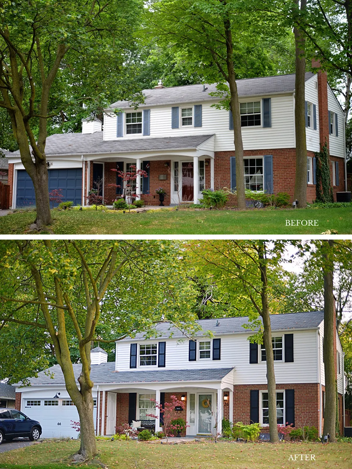 before and after exterior refresh of a colonial style house, front porch decorating ideas for summer