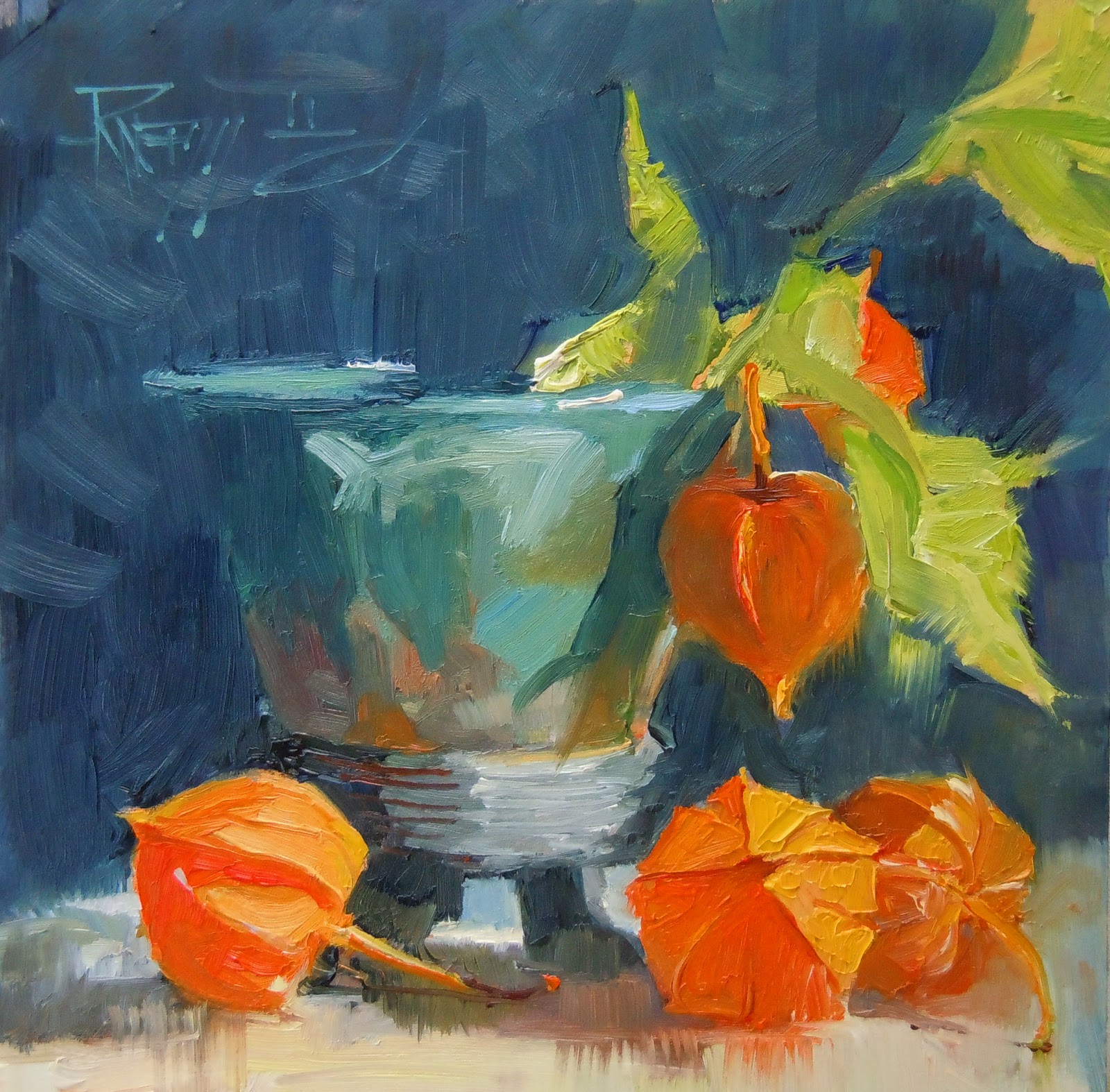 in plein air "Chinese Lanterns" oil still life painting
