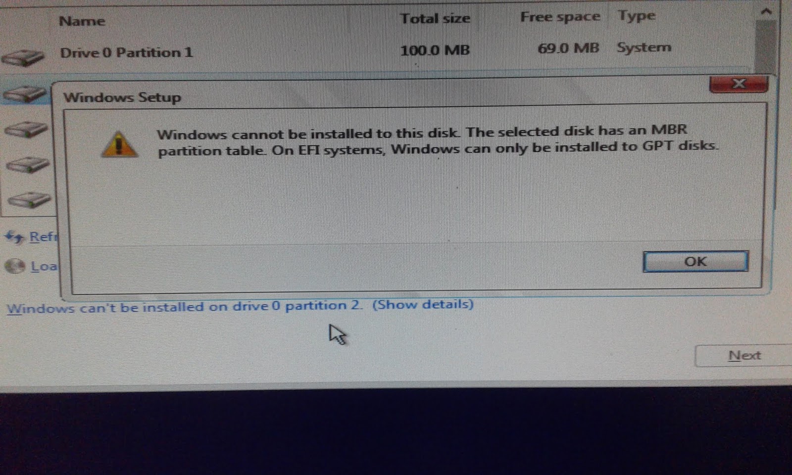 Windows cannot be installed to this disk. The selected disk has an MBR