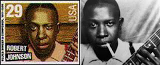Robert Johnson postage stamp (1994) and source photo with cigarette