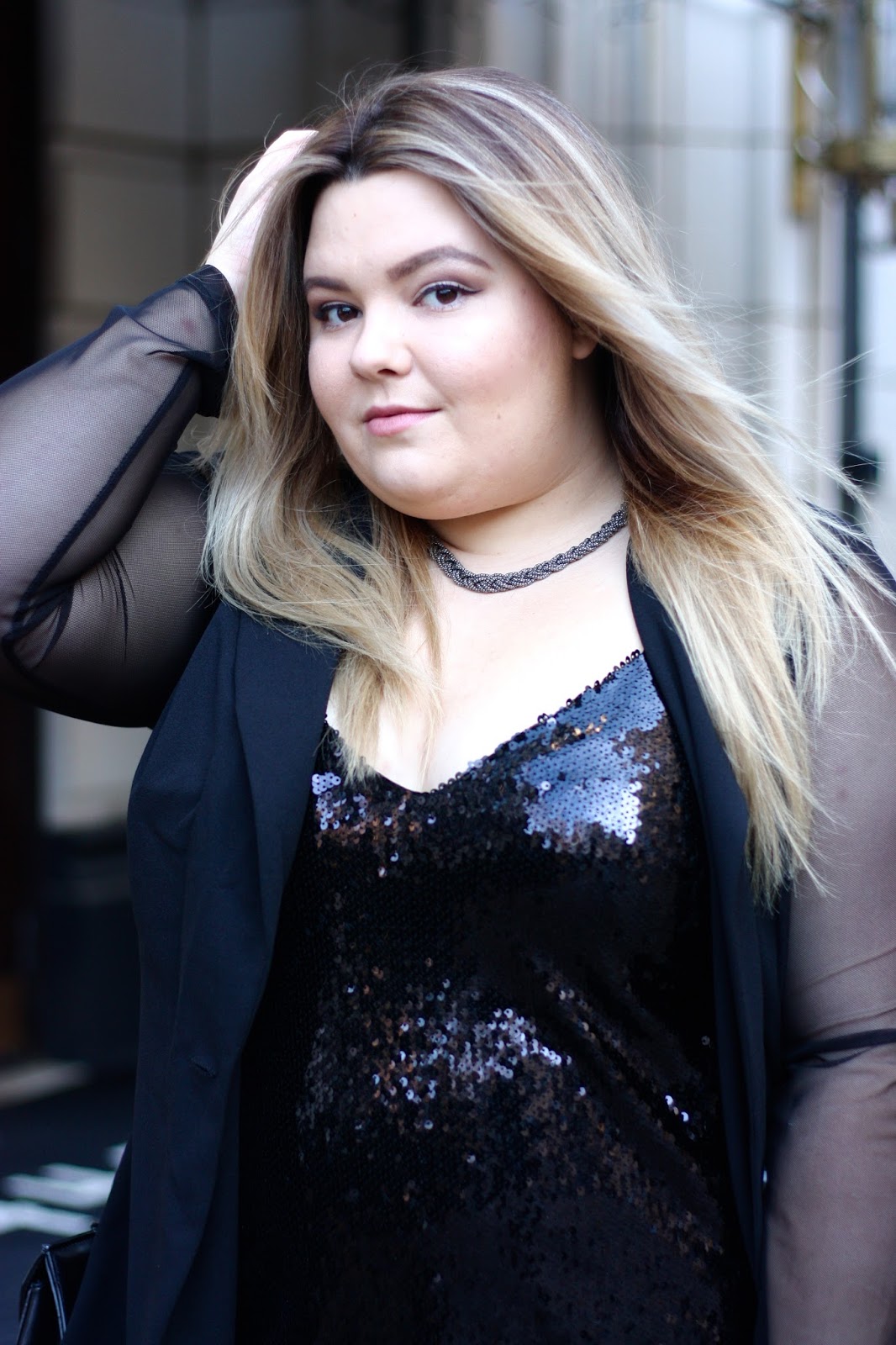fashion to figure, natalie craig, where to shop for plus size clothing, natalie in the city, see through mesh, blazer, sequin tank top, plus size leather leggings pants, chicago blogger, valentines day date night ideas, valentines day outfit, fatshion, plus size blogger
