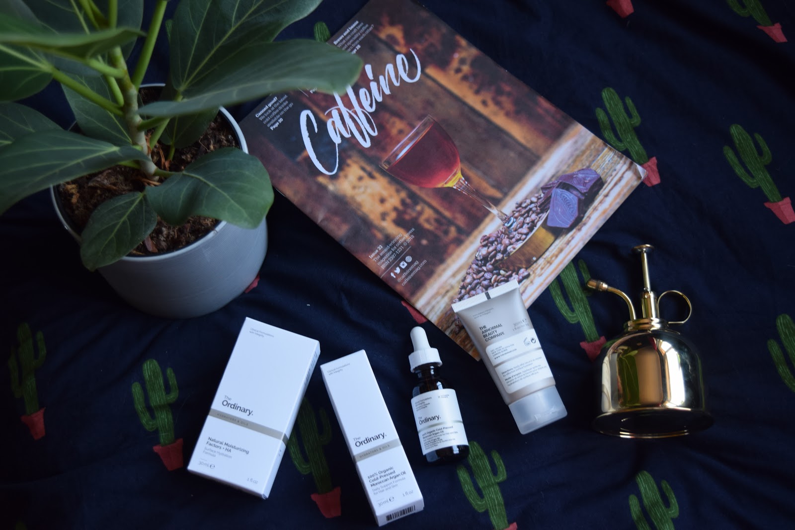 flatlay of the ordinary beauty products, a bengal fig, magazine and brass plant mister