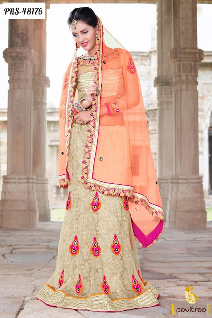 Diwali festival special peach net designer lehenga style online with great discount deal in India