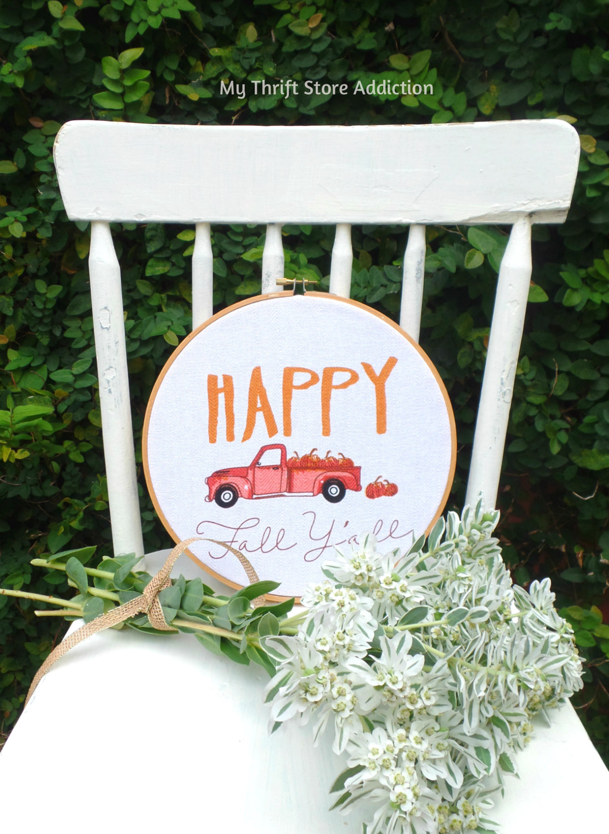 Chalk paint, wildflowers, pumpkins and an industrial basket transform a dated yard sale find into a vintage farmhouse vignette! vintage high chair upcycle
