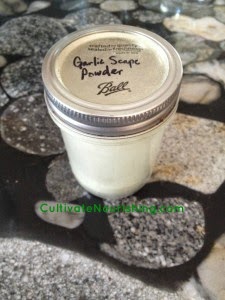 image of garlic scape powder, one of the recipes from the garlic scape recipe round up