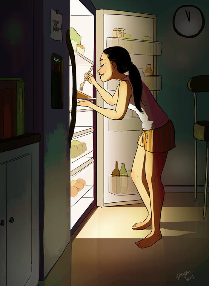 20 Beautiful Illustrations That Show What's Like To Live Alone - Snacking Whenever You Feel Like It Without Anyone Judging You