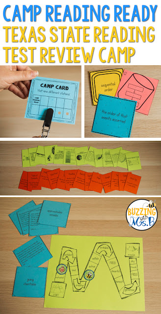 Planning review games and activities for a STAAR test prep camp doesn't have to be stressful! Engage your kids and motivate them to review the tested TEKS with this fun test prep camp designed just for Texas classrooms! Review tested genres, context clues, comprehension skills, and question types with these hands-on activities: task cards, matching activities, and more in a fun camp theme. Check out the complete product and be ready for your camp with no stress! Are you planning a STAAR reading test prep camp for your students? This post is a must-read. It’s full of ideas and resources for nine TEKS aligned stations. Review games and activities help students practice the skills they need to pass their test! Task cards and matching activities cover all the tested reading standards, and the teacher’s tips will help you plan a fun camp-themed event! #staartestprepcamp #testprepcamp