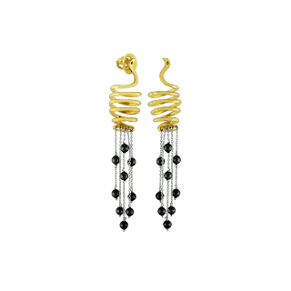 Animal inspired earrings curated in sterling silver with a gold plated finished and black-toned tassles by Izaara Animal inspired earrings curated in sterling silver with a gold plated finished and black-toned tassles by Izaara