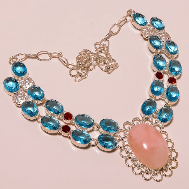 Necklace Rose quartz & Blue Topaz cut Gemstone 83 GMs
