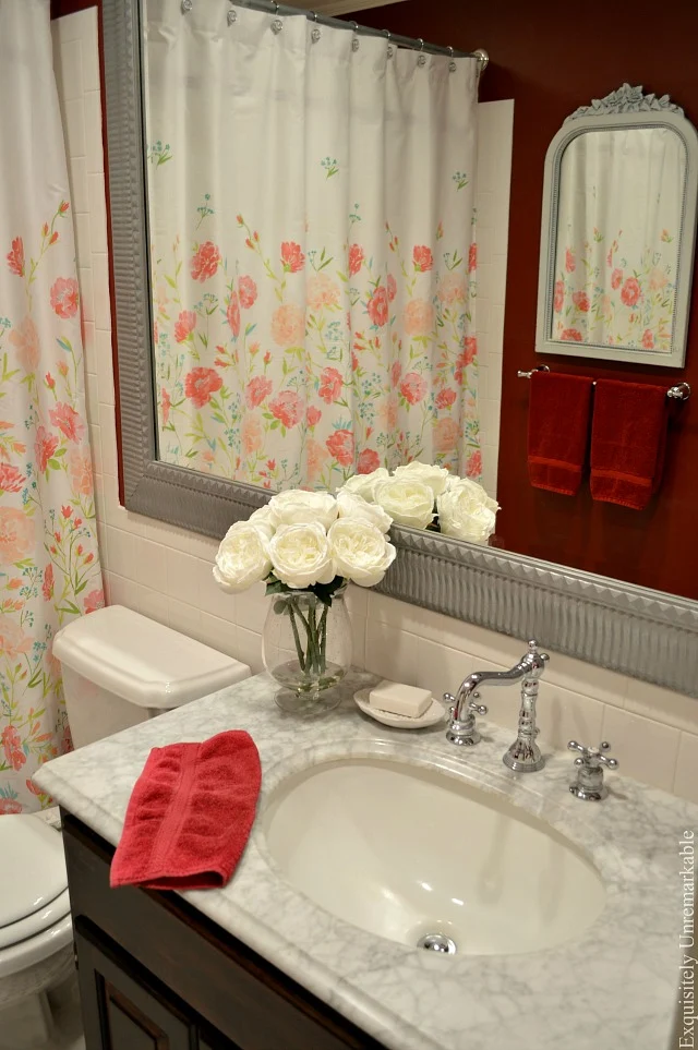 Red Bathroom With Floral Shower Curtain