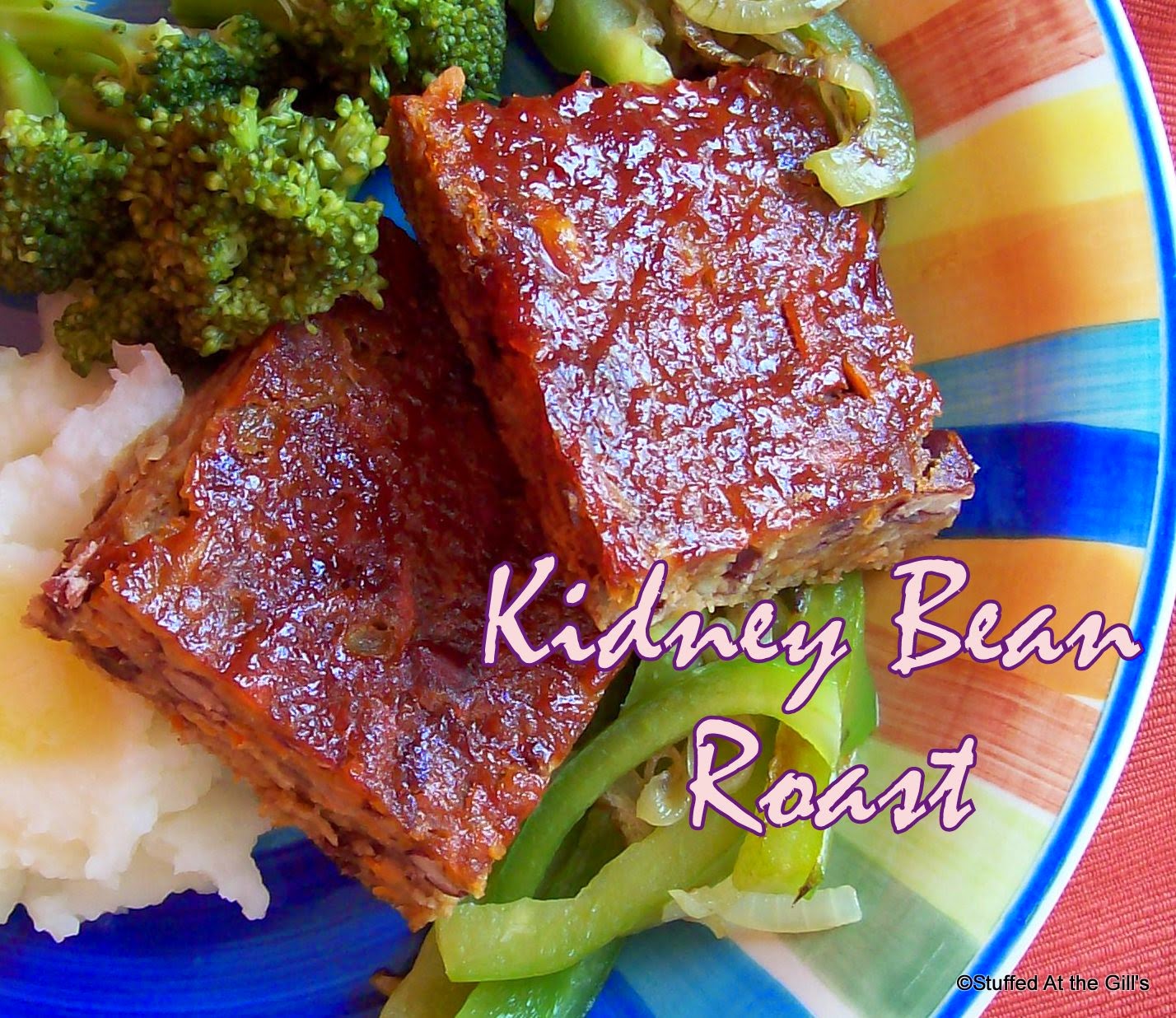 Kidney Bean Roast served with mashed potato and broccoli.
