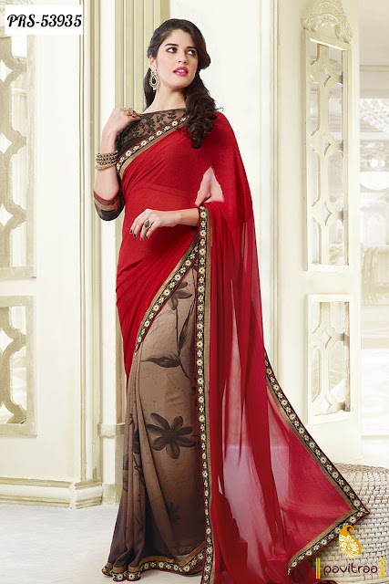 brown red color georgette bollywood saree online