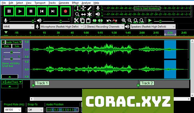 Giao diện tương phản cao của phần mềm thu âm audacity