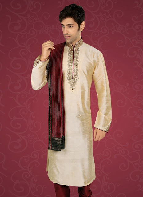Charming Cream Art Dupion Silk Kurta Pyjama