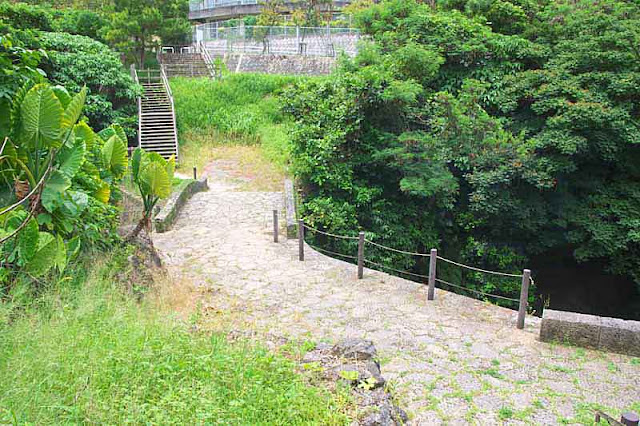 Wide-angle scene showing arched bridge below city street