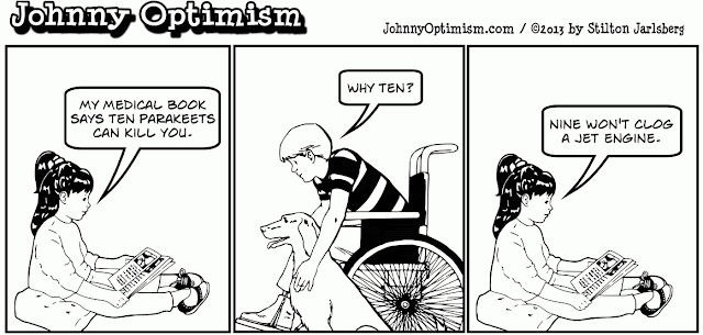 johnnyoptimism, johnny optimism, medical, humor, sick jokes, cartoon, wheelchair, stilton jarlsberg, medical book, hypochondriac, parakeets