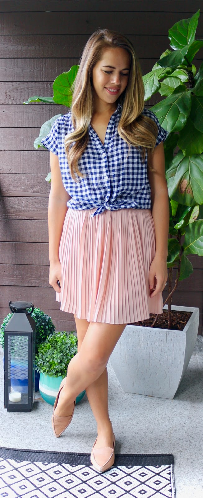 Jules in Flats - Gingham Top with Pleated Mini Skirt (Business Casual Summer Workwear on a Budget) 