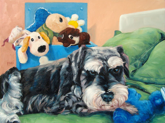 cute Schnauzer resting on bed, paw on fave plush toy with other toys behind. Fluffy pillows.