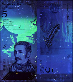 Venezuela Currency 5 Bolivares Soberanos banknote 2018 under ultraviolet light