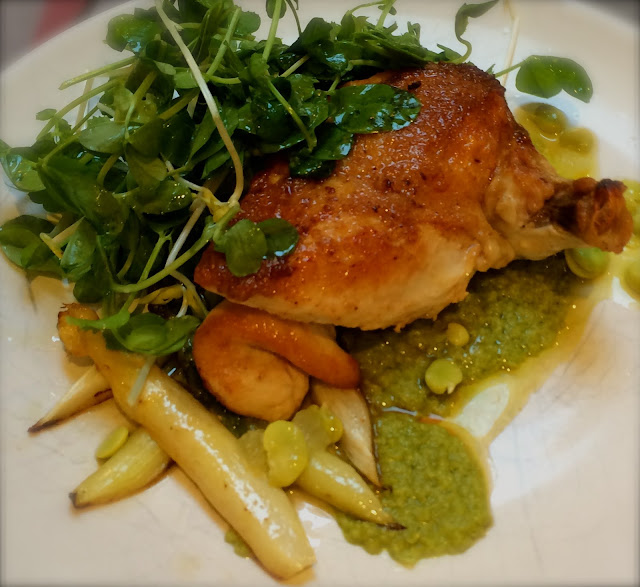 Pan Roasted Chicken Supreme with Butter Poached Asparagus and Pea Puree Nothing But Food