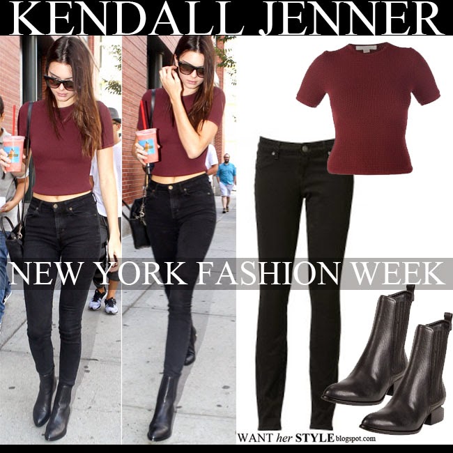 WHAT SHE WORE: Kendall Jenner in burgundy crop top with black skinny ...