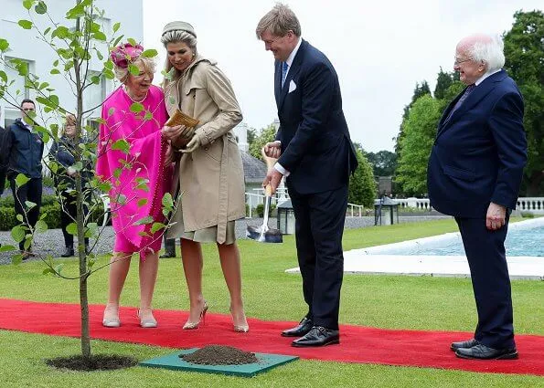 Queen Maxima wore a outfit from Claes Iversen 2019 collection. Michael D Higgins and his wife Sabina Higgins