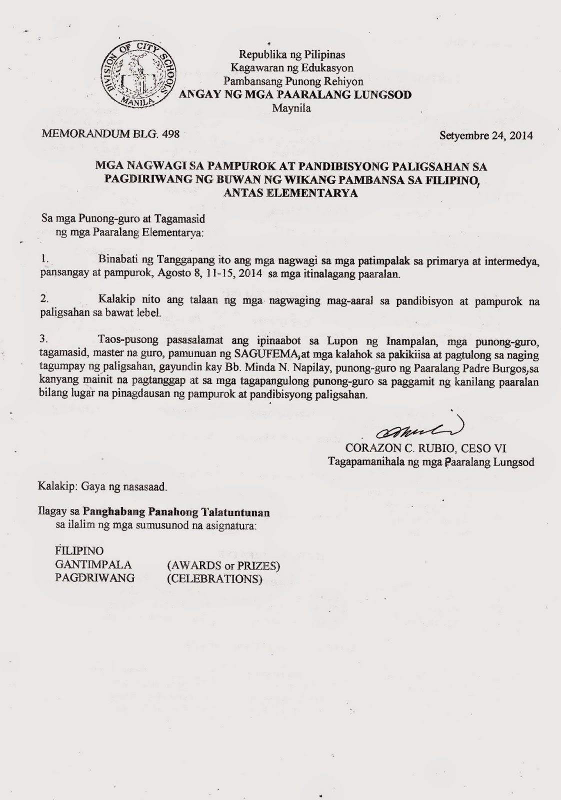 Department of Education Manila: Division Memorandum No. 498 - MGA