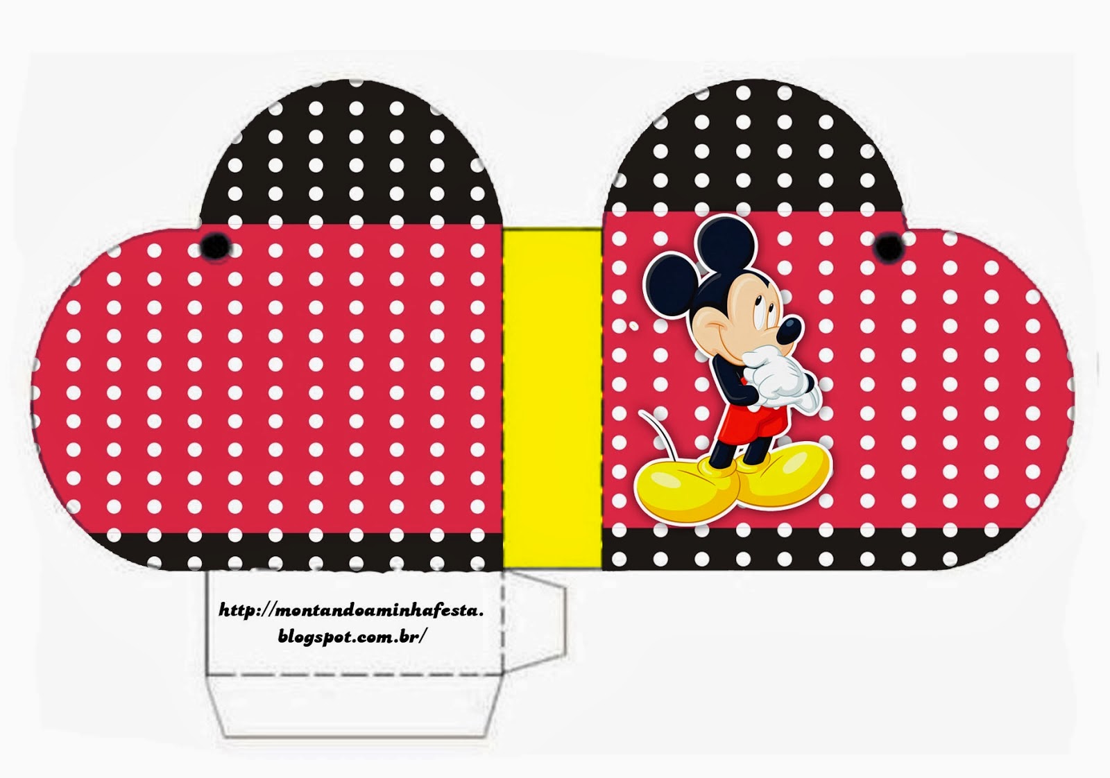 Mickey Rojo y Amarillo: Cajas para Imprimir Gratis. Para hacer cajas abiertas en forma de corazón.