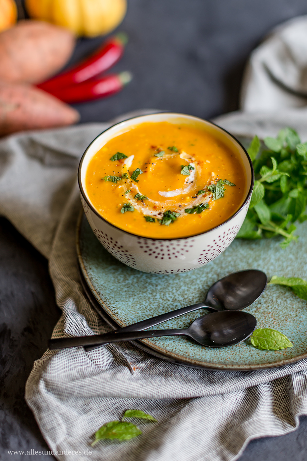 Pikante Kürbis-Süßkartoffel-Suppe mit Minze und Chili | Alles und Anderes