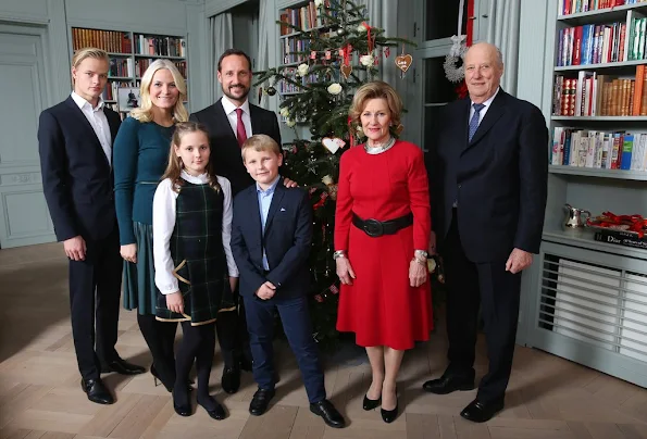 King Harald and Queen Sonja of Norway, Crown Princess Mette-Marit and Crown Prince Haakon of Norway, Princess Ingrid Alexandra, Prince Sverre Magnus, Marius Borg Hoiby attend Christmas photo session at Skaugum the residence