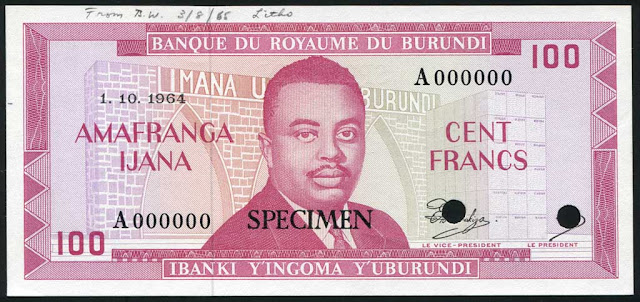 Burundian franc currency 100 Francs Prince Louis Rwagasore