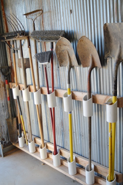 Shovel and yard tool organizer with PVC pipe :: OrganizingMadeFun.com
