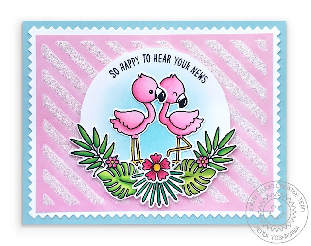 Sunny Studio Stamps Fabulous Flamingos Pink Glitter Striped Card by Mendi Yoshikawa (using Frilly Frames Stripes Card with Gina K. Glitz Glitter Gel)