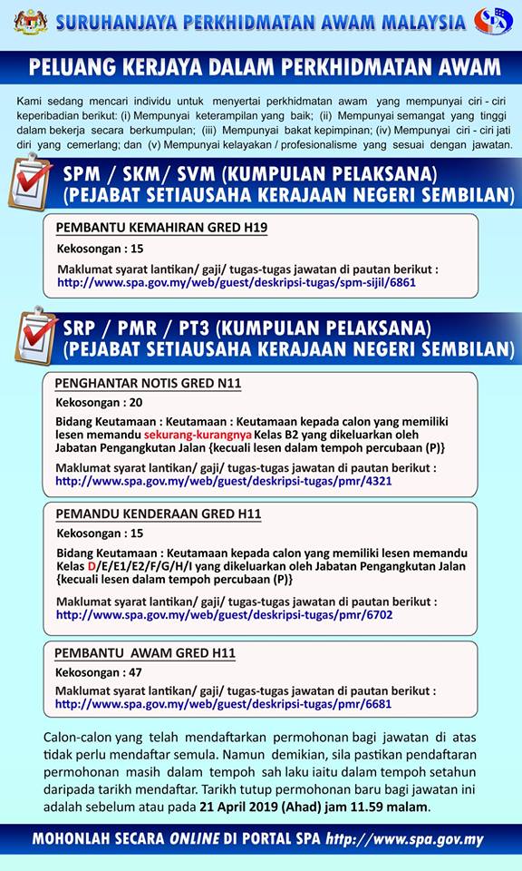 Iklan Peluang Kerjaya Dalam Perkhidmatan Awam Pembantu Kemahiran Gred H19 Pembantu Awam Gred H11 Pemandu Kenderaan Gred H11 Dan Penghantar Notis Gred N11 Appjawatan Malaysia
