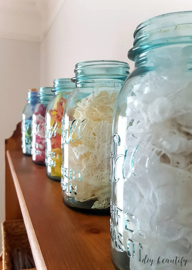 mason jars to store ribbon by color