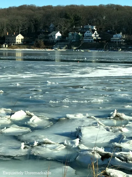 An icy pond in a northeastern town