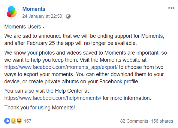 Moments Facebook Post announcement