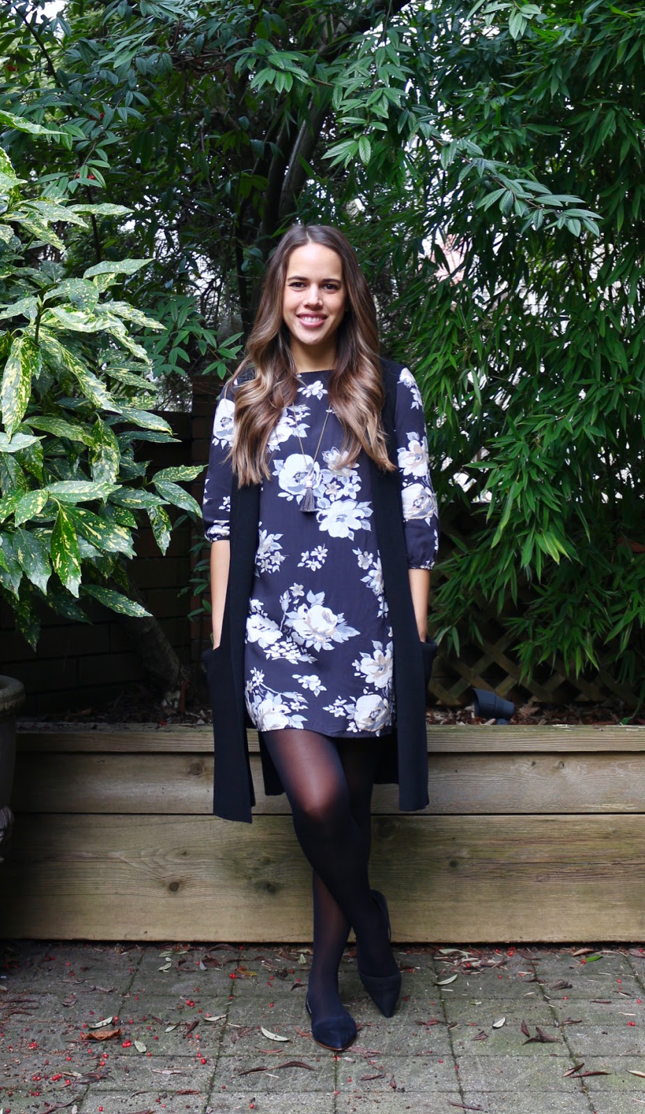 Jules in Flats - Floral Shift Dress with Long Sweater Vest (Aritzia Wilfred Dunkirk Olivie) (Business Casual Winter Workwear on a Budget)
