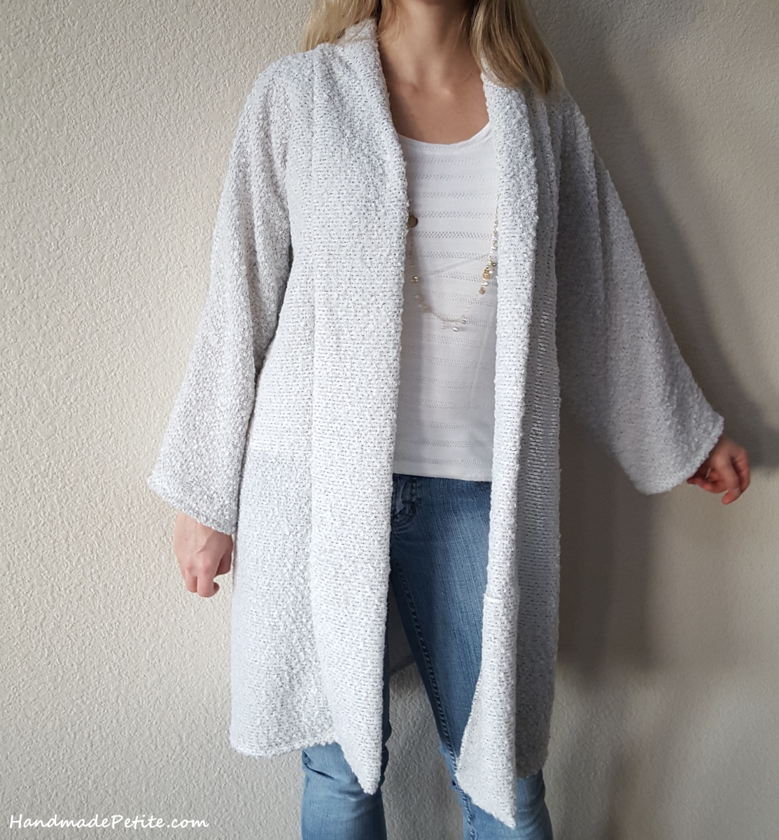 M6802 Cardigan Front by HandmadePetite Closeup of white boucle cardigan from M6802 sewing pattern