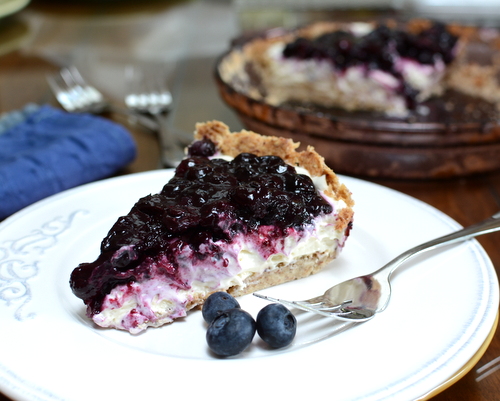 Blueberry Cheesecake Pie ♥ KitchenParade.com, a press-in almond crust, no-bake cheesecake filling plus homemade blueberry pie filling.