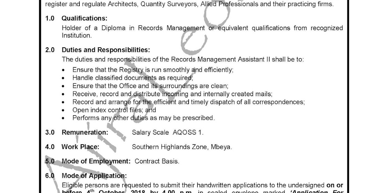 Record Management Assistant Job at Architects and Quantity Surveyors