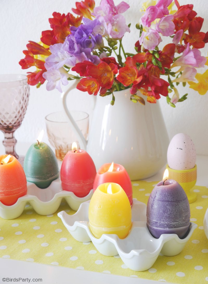 DIY Easter Egg Candles - easy and fun to make craft idea using plastic eggs, perfect to decorate spring tables or to gift as a handmade party favor! by BirdsParty;com @birdsparty #diy #crafts #diycandles #eastercabndles #diyeastereggcandles #easter #eastercandles #eggcandles