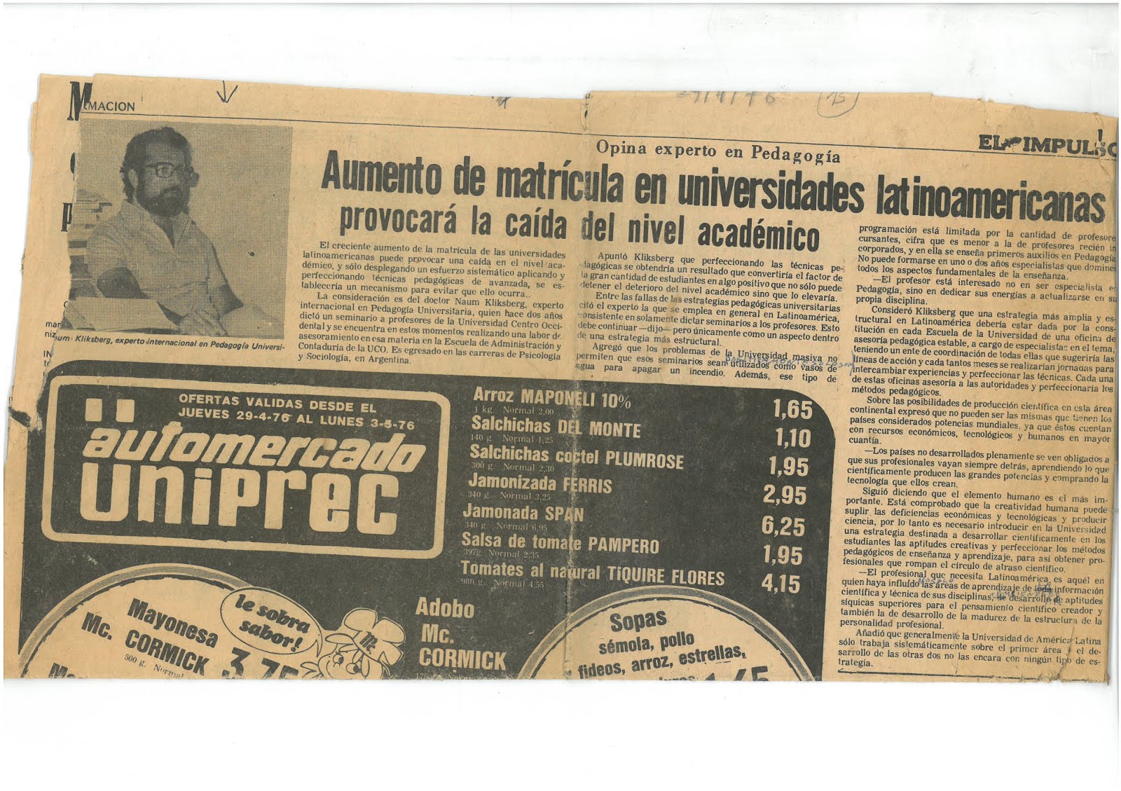 25- PERIODICO EL IMPULSO, VENEZUELA, 29/4/1976.. REPORTAJE A NAUM KLIKSBERG