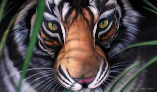 mulher, pintura corporal, tigre, tatuagem, pelada