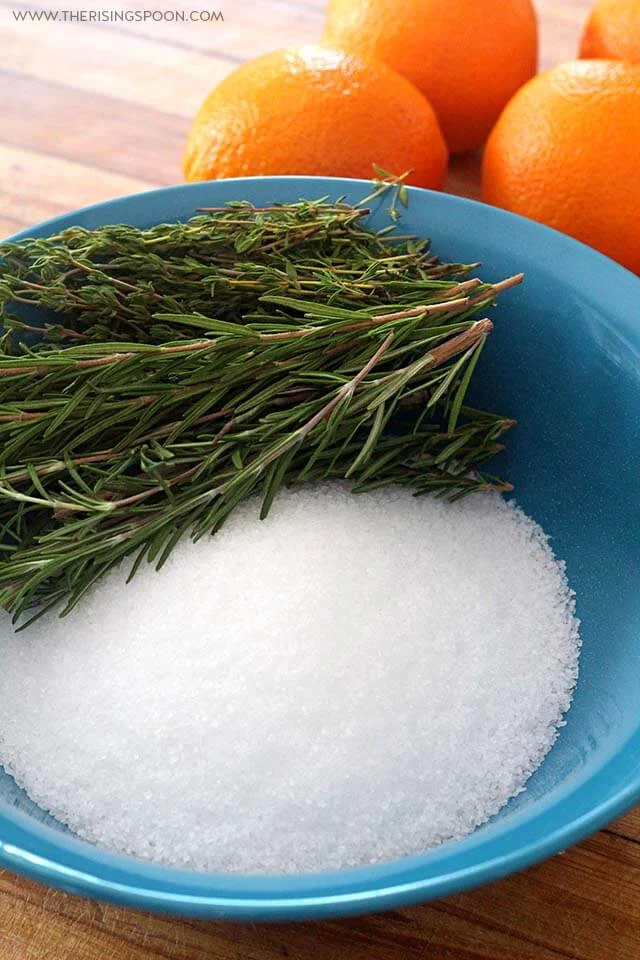 Ingredients For Making Rosemary, Orange & Thyme Flavored Herb Salt