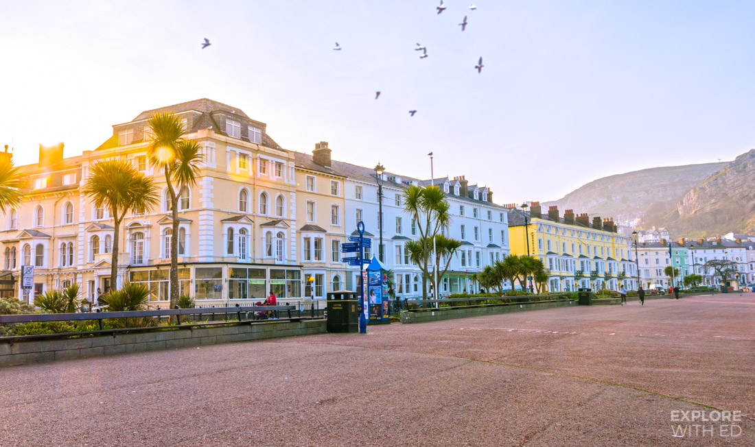 Llandudno seafront with Victorian buildings and palm trees