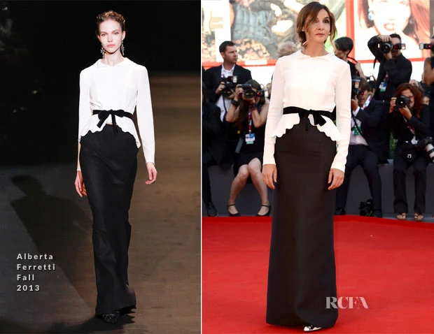 The French actress wore an Alberta Ferretti white crepe jacket with a black velvet bow and scalloped high-low hem, which was paired with a black, siren Mikado silk skirt.