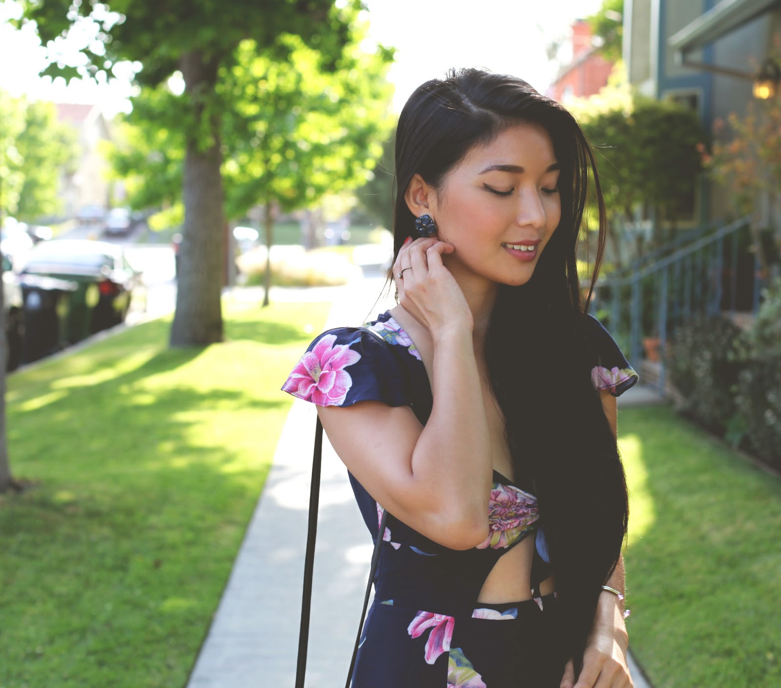 Stephanie Liu of Honey & Silk wearing Reformed by Reformation dress, Urban Outfitters bag, 3.1 Phillip Lim heels, Tacori City Lights earrings, and BesoBeso by Luka cuff