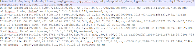 Screenshot of earthquake csv data