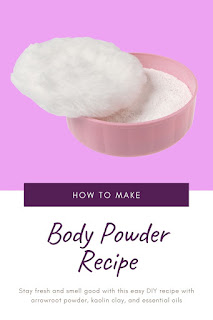 How to make a natural body powder recipe. This is DIY talc free with arrowroot powder and essenital oils.  This is the best recipe for women or for men.  Use a brush or a puff to apply.  Also includes uses for your homemade body powder.  This absorbs sweat and oils to keep you fresh all day. #bodypowder #powder
